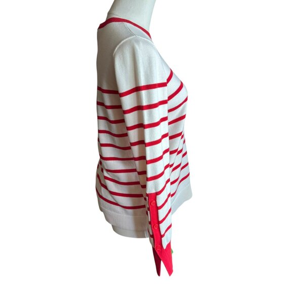 LOFT Red & White Striped Pullover Sweater Crew Neck Button Cuff Size S - Picture 6 of 8